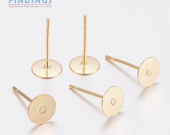 10 Pairs (20 posts) of 8mm  Gold toned hypoallergenic stainless steel earring posts with gold toned locking nuts