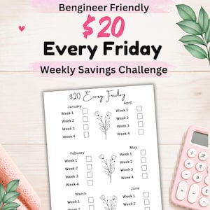 20 Dollars Every Friday Savings Tracker, Weekly Savings Challenge Printable, Budget Binder Insert PDF, Low Income Saving