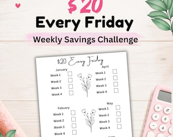 20 Dollars Every Friday Savings Tracker, Weekly Savings Challenge Printable, Budget Binder Insert PDF, Low Income Saving