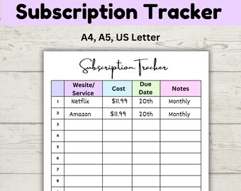 Subscription Tracker Printable, Budget Binder Insert, A5 Planner Insert, Expense Tracker, account List, Membership Tracker, Bill Tracker