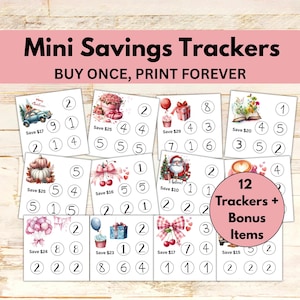 Maandelijkse mini-afdrukbare besparingsuitdaging pdf-bundel, besparingstrackers contante envelop, blanco besparingstracker