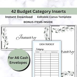 May include: A set of 42 printable budget category inserts for A6 cash envelopes. The inserts feature a simple floral design with a white background and black text. The text includes the month "January" and the words "CASH TRACKER" and "Category: ". The inserts are editable in Canva.