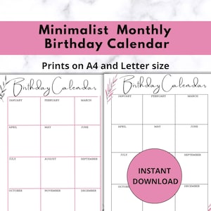 Printable Birthday Calendar, Perpetual Monthly Birthday Tracker, Undated Birthday List, Yearly Birthday Log for Planner, A4 planner insert