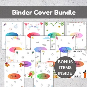 May include: A set of binder covers, each representing a month from January to December, with unique illustrations. The covers feature the month's name in an oval. The image also includes a circle with the text 'BONUS ITEMS INSIDE'.