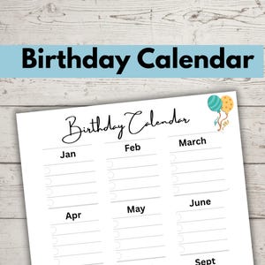 Printable Birthday Calendar, Monthly Birthday Tracker, Event Planner, Birthday Board Printable, Undated Birthday List, Perpetual Calendar,