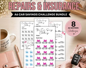 A6 Car Savings Challenge Book Printable, 8 Sinking Fund Trackers Bundle, Cash Envelope Insert, Beginner Budget Binder, Car Expense Planner