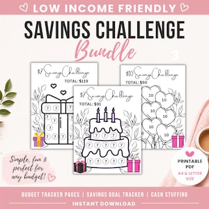Low Income Savings Challenge, Savings Goal Tracker, budget binder, cash Stuffing Bundle
