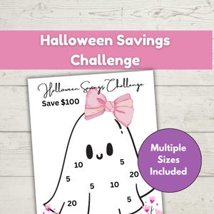 May include: A white Halloween savings challenge sheet with a ghost illustration wearing a pink bow. The sheet has the text "Halloween Savings Challenge" and "Save $100". A purple circle says "Multiple Sizes Included".
