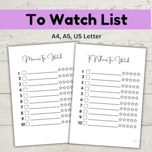 Movies To Watch, TV Shows To Watch, To Watch List, A5 Planner Insert, Movie Recommendation List, Printable Movie Journal Page, Movie tracker