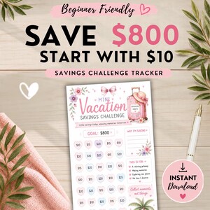 Peut inclure: Un suivi d'épargne imprimable illustré d'une valise rose, de fleurs et de cœurs contenant des montants en dollars. Le texte indique Mini Vacation Savings Challenge, Goal $800, et Start with $10, accompagné d'un stylo et d'un tissu rose.