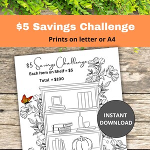 Low Income Savings Challenge Printable, 5 Dollar Bookshelf Savings Tracker, Money Saving Challenge, Budget Binder Insert, Cash Stuffing,