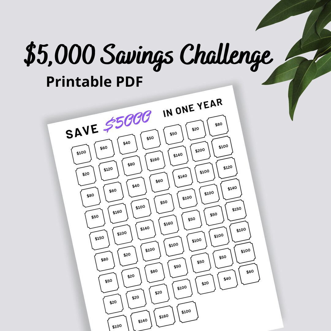 5K Savings Challenge Printable Worksheet Template Savings - Etsy