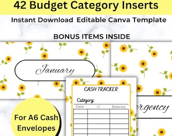 Dashboard con etichetta per inserimento categoria raccoglitore budget, inserimento buste per contanti, raccoglitore budget, fondo di ammortamento, tracker di cassa A6, modello Canva modificabile