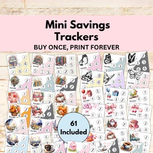 Peut inclure: Ensemble de 61 mini trackers d'épargne avec divers motifs : papillons, livres et thèmes saisonniers. Les trackers sont conçus pour être imprimés et utilisés plusieurs fois, avec le texte "Mini Savings Trackers" et "Buy Once, Print Forever".