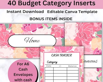 May include: A set of 40 printable budget category inserts for A6 cash envelopes. The inserts feature a pink floral design and a cash tracker table with columns for date, plus or minus, and balance. The text "Home" is visible on one of the inserts.
