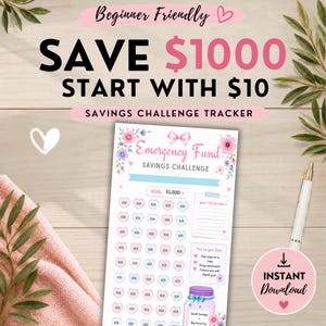 Könnte beinhalten: Ein Spar-Challenge-Tracker-Blatt mit dem Text Emergency Fund Savings Challenge, das ein Raster aus Herzen mit Dollarbeträgen, ein Ziel von 1.000 $ und Blumenillustrationen zeigt. Das Blatt enthält einen Bereich für Notizen und eine Glasgrafik.