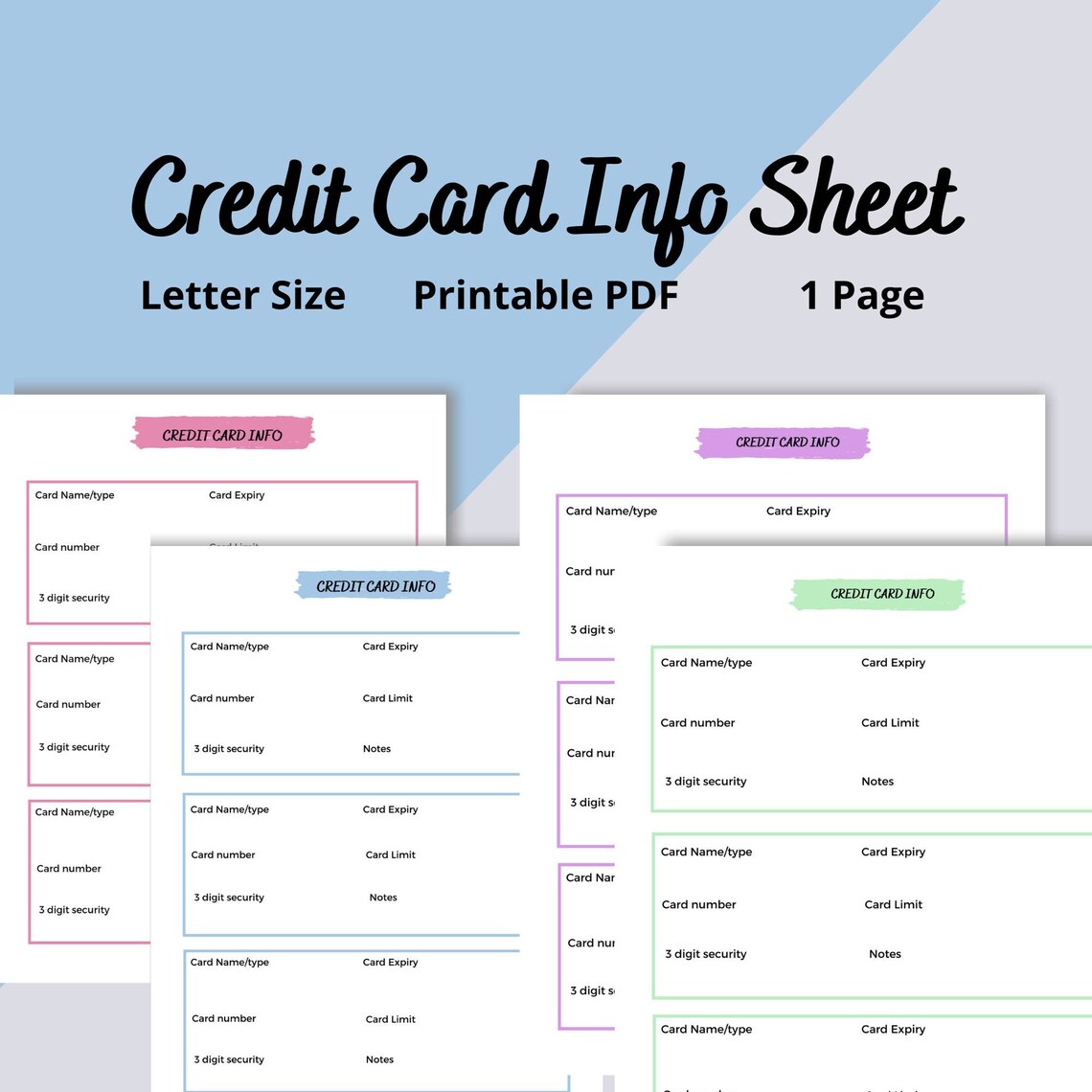 Credit Card Information Sheet PDF Printable Template Home Management ...