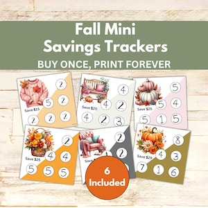 Op de afbeelding: Zes vierkante spaartracker-kaarten met herfstachtige illustraties, waaronder een trui, bank, pompoenen, bloemen en een fauteuil. Elke kaart bevat cirkels met getallen en tekst zoals Save $15, Save $20, Save $25 en Save $29. De tekst luidt Fall Mini Savings Trackers, BUY ONCE, PRINT FOREVER en 6 Included.