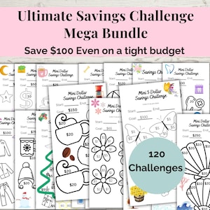 Puede incluir: Un conjunto de desafíos de ahorro imprimibles con varios diseños, incluyendo tazas de café, flores y símbolos de dólar. El texto dice "Ultimate Savings Challenge Mega Bundle" y "Ahorra $100 incluso con un presupuesto ajustado." El paquete incluye 120 desafíos.