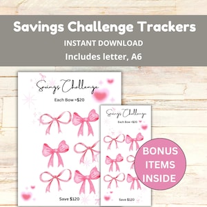 Reto de ahorro de 20 dólares con lazo rosa, carpeta de presupuesto imprimible A6, rastreador de ahorros Coquette, nuevo reto de ahorros en PDF