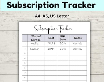 Subscription Tracker Printable, Bill Tracker, Budget Binder Insert, Expense Tracker, account List, Membership Tracker, Paycheck budget