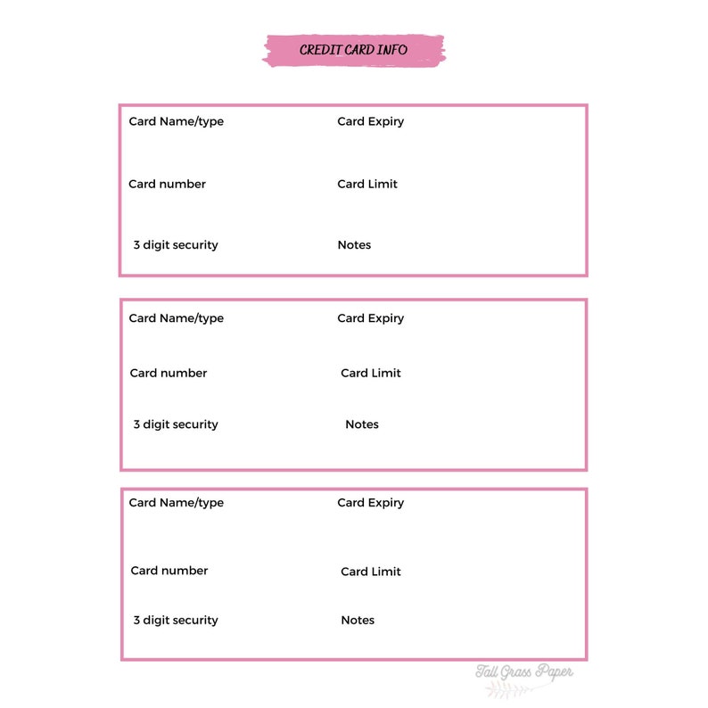 Credit Card Information Sheet PDF Printable Template Home - Etsy
