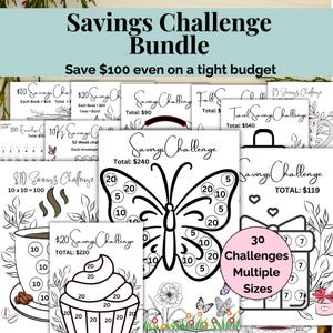 May include: A collection of savings challenges featuring diverse designs, such as a butterfly, a coffee cup, and a gift box. The text "Savings Challenge Bundle" and "Save £100 even on a tight budget" are visible. The bundle offers 30 challenges in multiple sizes.