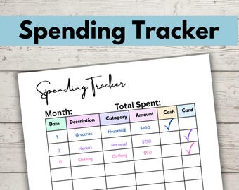 Puede incluir: Una hoja de seguimiento de gastos blanca con el título "Spending Tracker" en una pancarta azul. El rastreador incluye secciones para fecha, descripción, categoría, cantidad, efectivo y tarjeta. Las tres primeras entradas son para comestibles, corte de pelo y ropa.