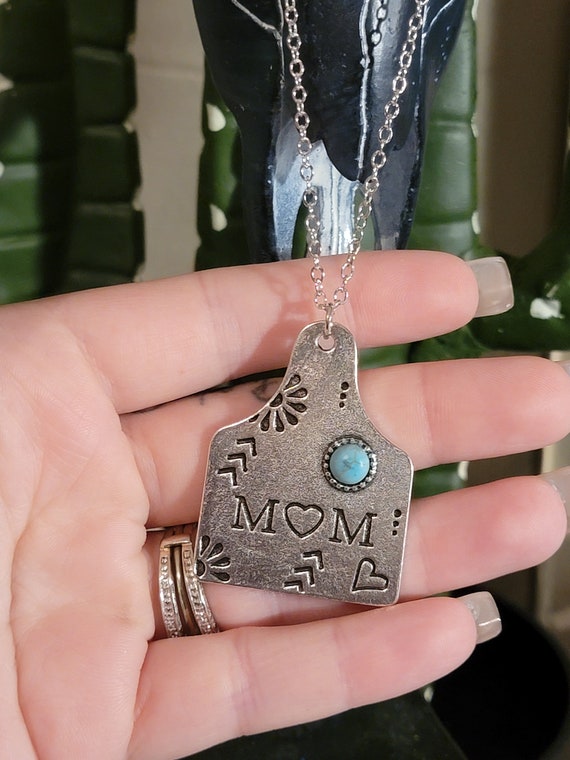 Western Mom Cow Tag Necklace Turquoise - Etsy