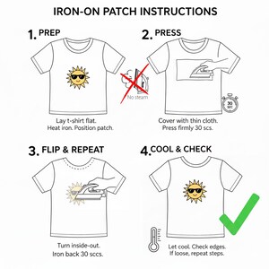 May include: An instructional graphic titled IRON-ON PATCH INSTRUCTIONS with four steps. It shows a t-shirt with a sun patch, an iron with a no-steam symbol, a cloth covering, a 30-second timer, and a thermometer icon to guide the application process.