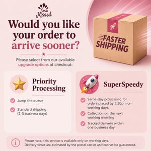 May include: A light pink informational graphic titled Would you like your order to arrive sooner? featuring a brown cardboard box labeled FASTER SHIPPING. It outlines Priority Processing and SuperSpeedy upgrade options with rocket and star icons.