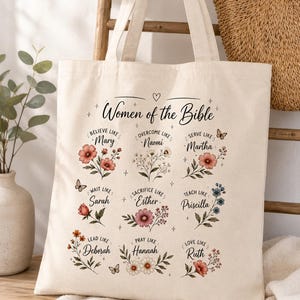 Women of the Bible Canvas Tote Bag, Christian Floral Grocery Bag, Faith Based Scripture Gifts for Her, Cute Aesthetic Bible Study Tote