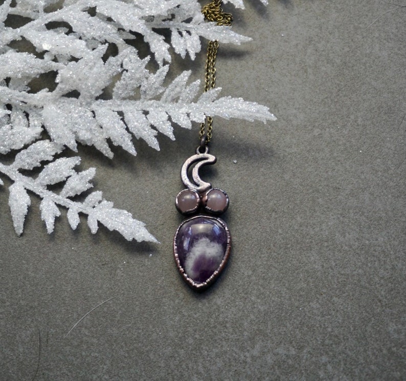 Amethyst and Rose Quartz Crystal Moon Copper Jewelry Goddess Moon Electroformed Necklace