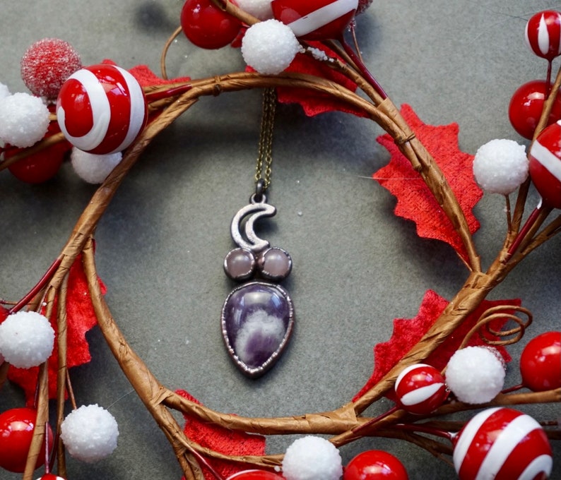 Amethyst and Rose Quartz Crystal Moon Copper Jewelry Goddess Moon Electroformed Necklace