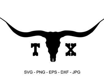 Op de afbeelding: Zwarte silhouet van een longhorn runderschedel met grote hoorns en de letters "TX" eronder.