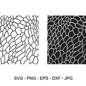 May include: Black and white pattern with a repeating design of overlapping rounded shapes. The pattern is shown in two versions: one with a white background and black lines, and the other with a black background and white lines.