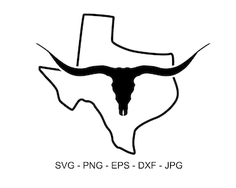 Op de afbeelding: Zwarte silhouet van een longhorn-stieren schedel binnen de omtrek van de staat Texas.