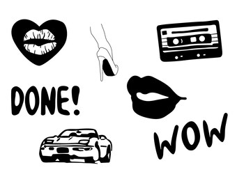 May include: Black and white graphic illustrations on a white background. The images include a heart with lips, a high heel, a cassette tape, a pair of lips, a sports car, and the words "DONE!" and "WOW".