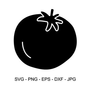 May include: A black and white silhouette of a tomato with a leaf on top.