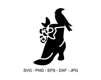 May include: A black silhouette graphic of a high-heeled boot adorned with a floral accent and a bird perched on the top edge. The text SVG - PNG - EPS - DXF - JPG is displayed at the bottom of the image in a simple black sans-serif font.