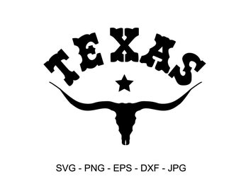 Op de afbeelding: Zwart-witte silhouet van een longhorn-stierenkop met een ster en het woord "TEXAS" in een western-lettertype.