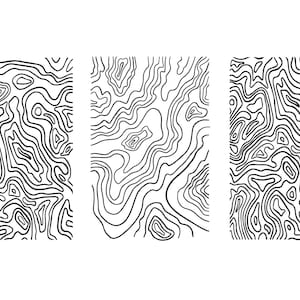 May include: Three rectangular art prints featuring abstract black and white topographic line patterns. The designs resemble contour maps, with varying densities of curved lines creating a sense of depth and texture. The prints are displayed against a white background.