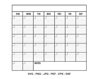 May include: A black and white weekly planner with a grid layout. The days of the week are labelled at the top: Sun, Mon, Tue, Wed, Thu, Fri, Sat. There is a section at the bottom labelled "NOTES:".