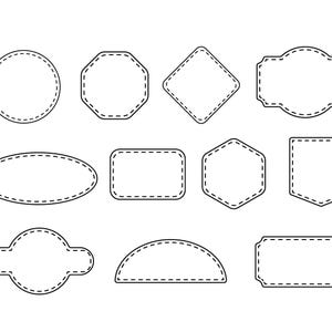 Könnte beinhalten: Eine Sammlung verschiedener leerer Etikettenformen mit gestrichelten Umrissen. Die Formen umfassen Kreise, Achtecke, Rauten, Rechtecke, Ovale, Sechsecke, Schilde und andere dekorative Formen.