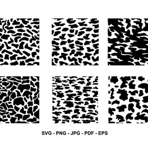 Puede incluir: Seis patrones abstractos en blanco y negro con un diseño de camuflaje. Los patrones están formados por formas irregulares y están dispuestos en una cuadrícula.