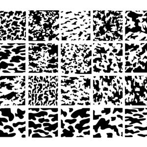 May include: Twenty-five black and white abstract patterns are displayed, each within a square. The patterns feature a variety of shapes and densities, with organic, irregular forms. The overall style is modern and graphic, suitable for various applications.