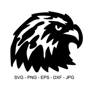 May include: Black and white silhouette of an eagle's head with a sharp beak and intense eyes. The eagle's head is facing right and has a detailed, textured design.