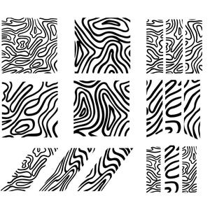 May include: Nine black and white abstract patterns with a wood grain design. The patterns are in various shapes, including squares, rectangles, and diagonal stripes. The designs are suitable for digital art or surface design.