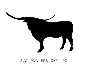 Op de afbeelding: Een zwart silhouet van een stier met lange hoorns, staand op vier poten. De afbeelding is een eenvoudige, grafische weergave van het dier, geschikt voor diverse design toepassingen. De afbeelding staat op een witte achtergrond.
