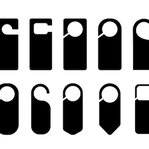 May include: A collection of black door hangers in various shapes. Designs include rectangular, curved, and circular cutouts for the door handle. The hangers are solid black against a white background, suitable for hotels or homes.